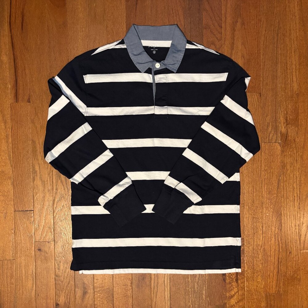 J.Crew Mens Long Sleeve Rugby T Shirt size Small Navy with White Stripes